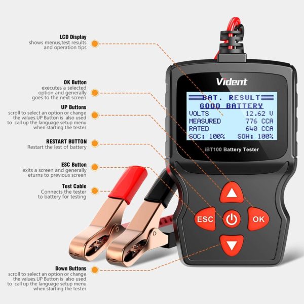 Vident iBT100 Car Battery Tester 12V Battery Analyzer for Flooded, AGM, Gel - Image 2