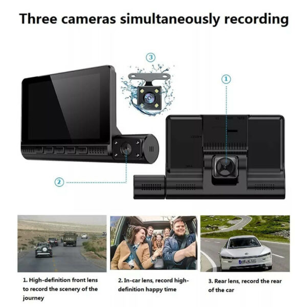 Car Dash Cam 1080P | 3 Cameras (Front, Inside & Rear) | G-sensor | Reverse Park Camera - Image 4