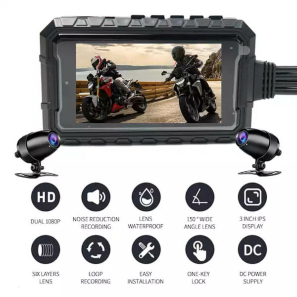 Motorcycle Dual Lens DVR Recorder | Waterproof | 3-inch FHD Display | G-Sensor - Image 2