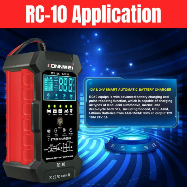 Konnwei RC-10 12V/24V Smart Battery Charger & Pulse Repair Tool - Image 6