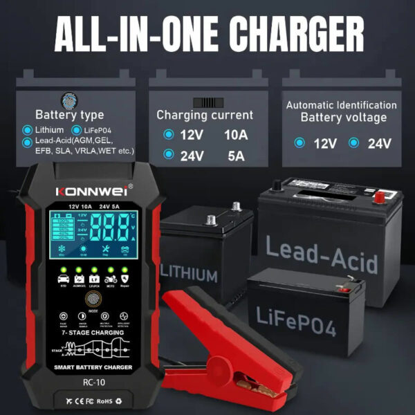 Konnwei RC-10 12V/24V Smart Battery Charger & Pulse Repair Tool - Image 7
