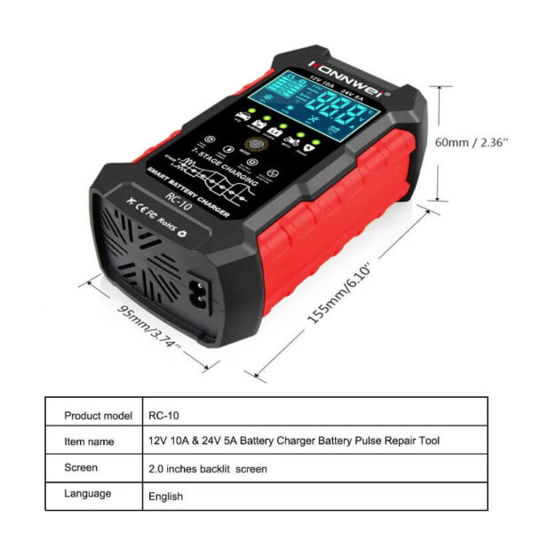 Konnwei RC-10 12V/24V Smart Battery Charger & Pulse Repair Tool - Image 3