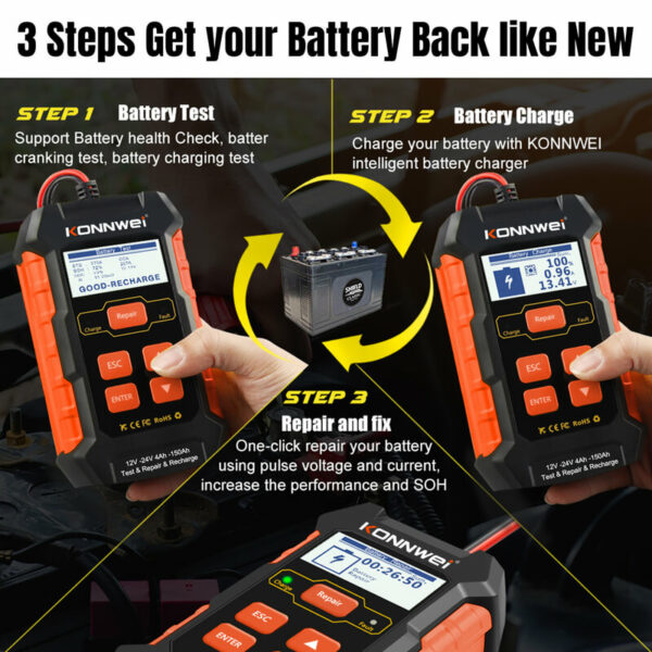 Konnwei KW520 3-in-1 12V & 24V Battery Tester Repair & Charger - Image 6