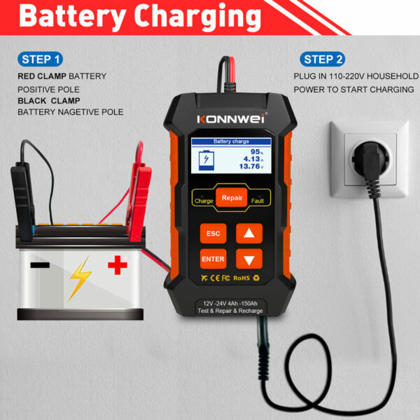 Konnwei KW520 3-in-1 12V & 24V Battery Tester Repair & Charger - Image 2