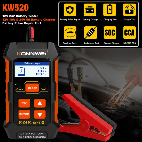 Konnwei KW520 3-in-1 12V & 24V Battery Tester Repair & Charger - Image 4