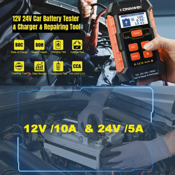 Konnwei KW520 3-in-1 12V & 24V Battery Tester Repair & Charger - Image 3