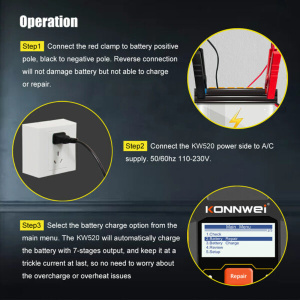 Konnwei KW520 3-in-1 12V & 24V Battery Tester Repair & Charger - Image 8