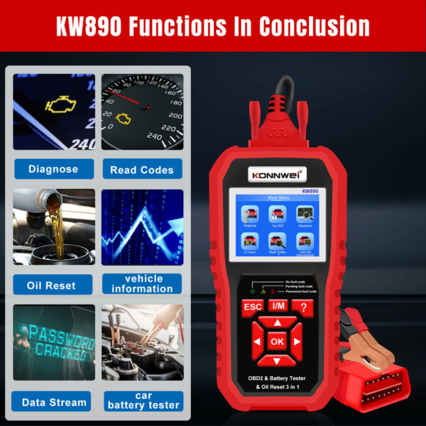 Konnwei KW890 OBDII Car Diagnostic Tool | Battery Tester | Oil Service Light Reset 3-in-1 - Image 3