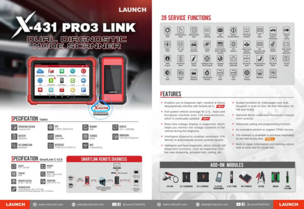 Launch X-431 Pro3 Link V2.0 OBD2 Diagnostic Scanner – Professional Automotive Tool with Smartlink, ECU Coding, Bi-Directional Control, and 39 Service Functions - Image 6