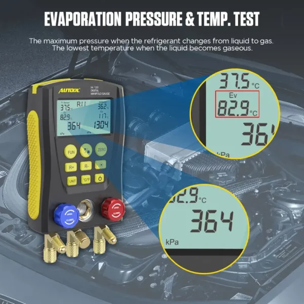 Autool LM120+ Digital Manifold Gauge | Built-In Refrigerant Database | with Trichromatic Tube and Two Wired Temperature Clips - Image 6