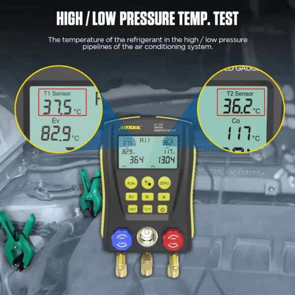 Autool LM120+ Digital Manifold Gauge | Built-In Refrigerant Database | with Trichromatic Tube and Two Wired Temperature Clips - Image 7