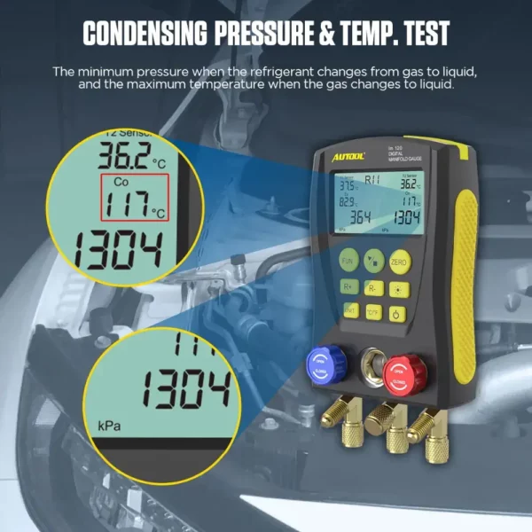Autool LM120+ Digital Manifold Gauge | Built-In Refrigerant Database | with Trichromatic Tube and Two Wired Temperature Clips - Image 8