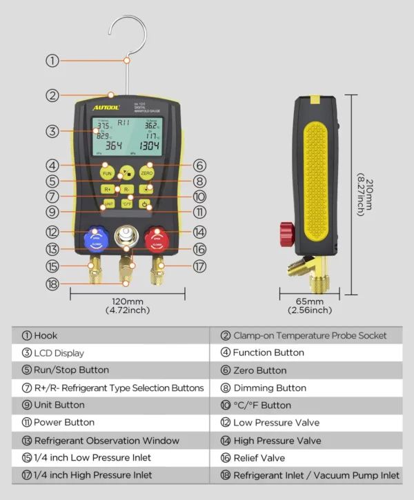 Autool LM120+ Digital Manifold Gauge | Built-In Refrigerant Database | with Trichromatic Tube and Two Wired Temperature Clips - Image 9