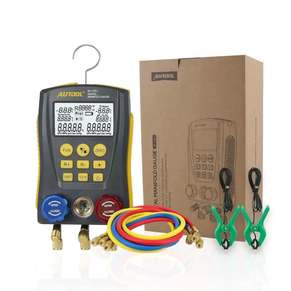 Autool LM120+ Digital Manifold Gauge | Built-In Refrigerant Database | with Trichromatic Tube and Two Wired Temperature Clips