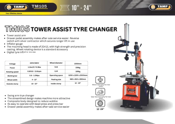 WE-TM105 Semi Automatic Tyre Changer with Easy Operable Tower Assist Arm - Image 2