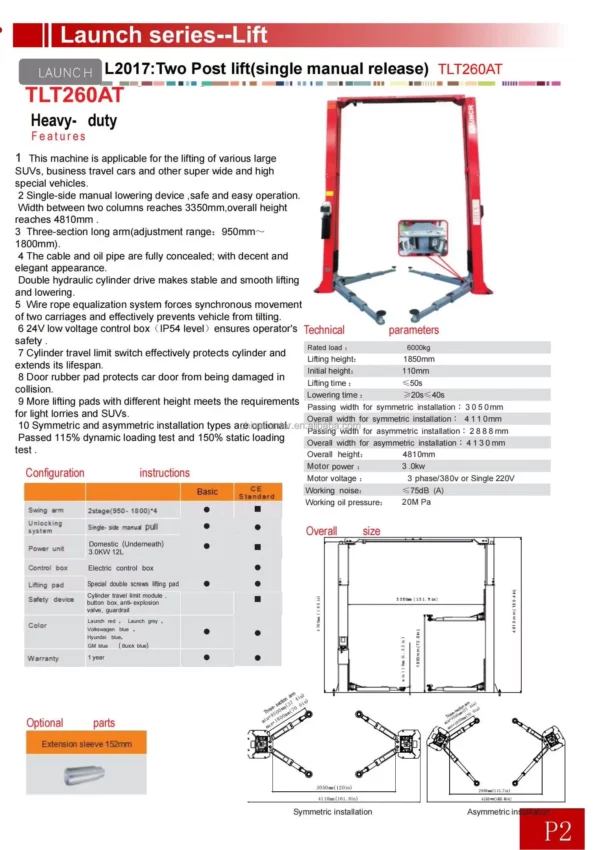 Launch TLT260AT 2-Post Car Lift – 6000KG Capacity | Heavy-Duty Vehicle Repair Solution - Image 4