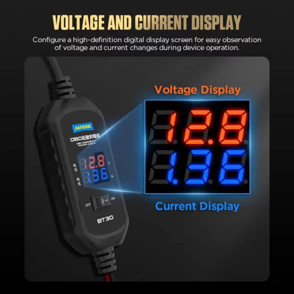 AUTOOL BT30 ECU Emergency Power Supply Cable, Voltage & Current Display, 3A Fuse, Insulated Clamp, 3-Year Warranty | ECU Memory Saver - Image 4