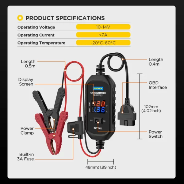 AUTOOL BT30 ECU Emergency Power Supply Cable, Voltage & Current Display, 3A Fuse, Insulated Clamp, 3-Year Warranty | ECU Memory Saver - Image 7
