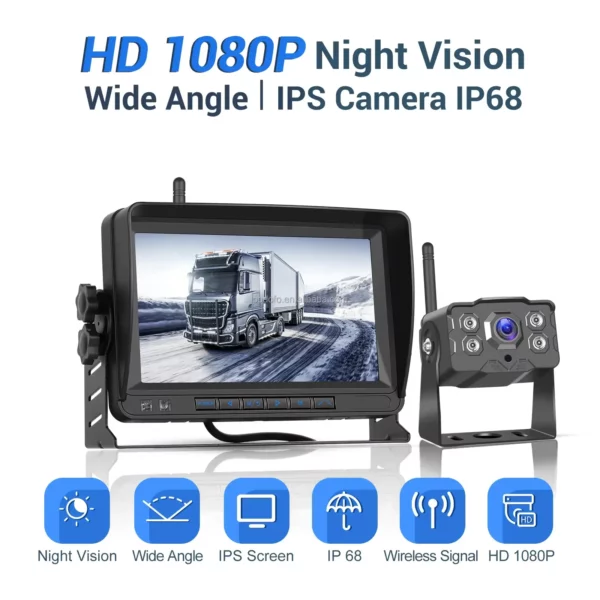 7" IPS 1080P HD Wireless Backup Monitor Kit with Waterproof Night Vision Rear View Camera 50m – Ideal for Trucks, RVs, and Buses - Image 2