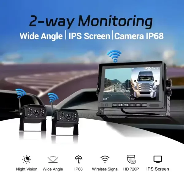 7" IPS Screen Digital HD Wireless Backup Monitor Kit IP68 Waterproof 2-Way Night Vision with 2 Cameras for Truck/RV/Bus 50m - Image 2