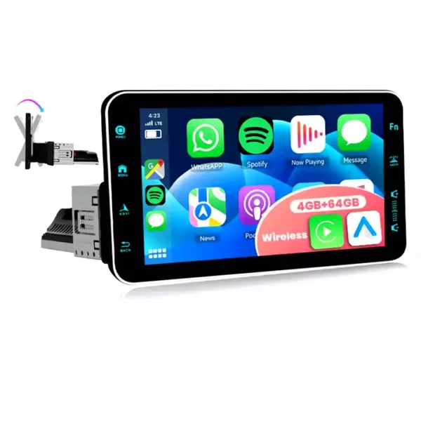 Single Din 9" Rotating Android 13 Car Stereo with 4+64G Memory, Wireless CarPlay/Android Auto, GPS, DSP, and WiFi | IOS & Android Compatible