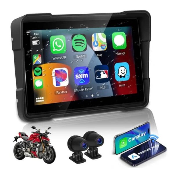 5" Motorcycle Portable CarPlay & Android Auto Dual Lens DVR Monitor, IP67 Waterproof with Front/Rear Camera | IOS & Android Compatible | Dual Bluetooth, GPS Navigation & Loop Recording