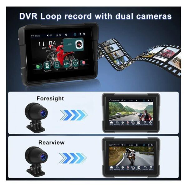 5" Motorcycle Portable CarPlay & Android Auto Dual Lens DVR Monitor, IP67 Waterproof with Front/Rear Camera | IOS & Android Compatible | Dual Bluetooth, GPS Navigation & Loop Recording - Image 23