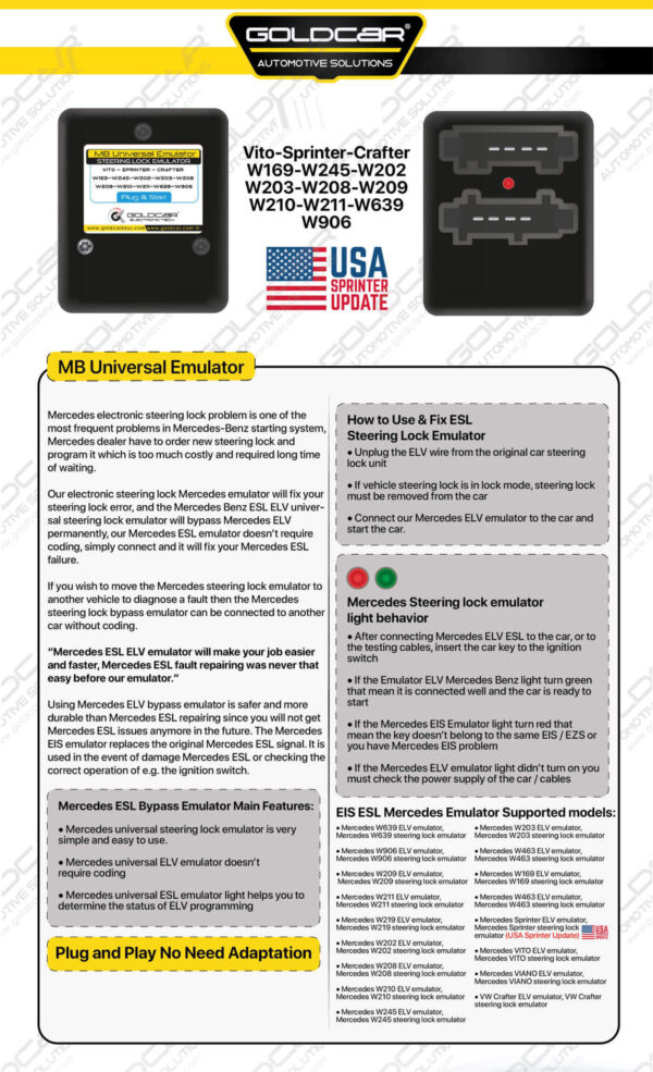 Goldcar MB Universal Steering Lock Emulator | M4KEY MB ELV ESL Bypass Tool for Mercedes Benz & VW Crafter - M4-7777 - Image 7