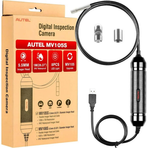 Autel MaxiVideo MV105S Videoscope/Borescope IP67 Waterproof Industrial Videoscope, Flexible Snake Cable, 5.5mm Lens, Compatible w/Autel Scanner & PC
