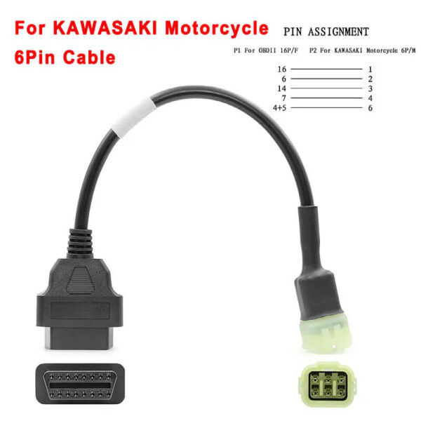 OBD2 16-Pin to 6-Pin Kawasaki Motorcycle Adapter Cable – ECU Diagnostic Extension | Male to OBDII Female - Image 2