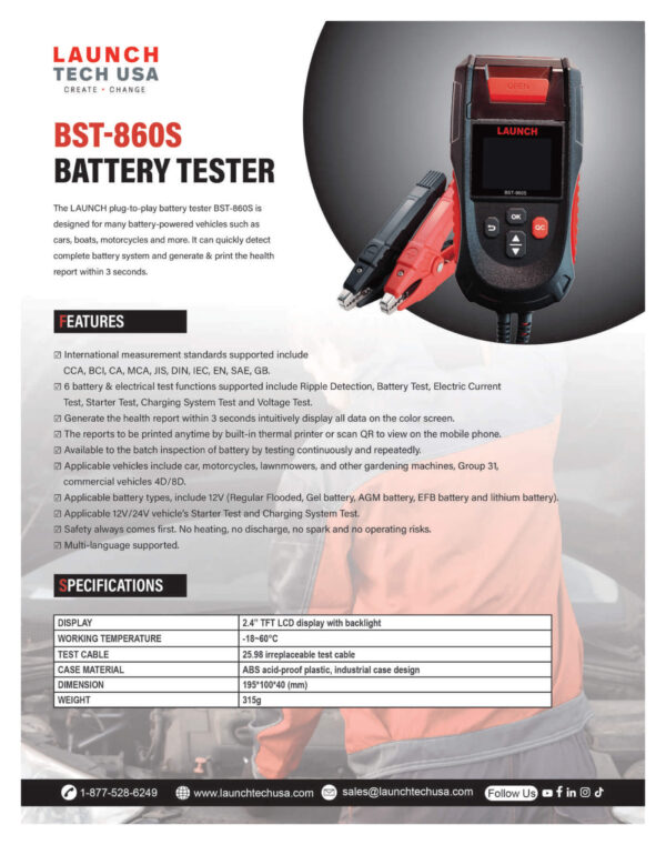 Launch BST-860S Battery Tester – Professional 12V/24V Automotive Battery Diagnostic Tool with Built-In Printer | 6 Battery Tests | Wide Vehicle Compatibility - Image 11