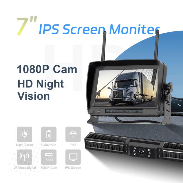 7” IPS Wireless Reverse Camera System with 1080P AHD Monitor | Solar Charging, Night Vision, Loop Recording, IP68 Waterproof, 50m Range | For Cars, Trailers, Vans, RVs (12V–36V) - Image 7
