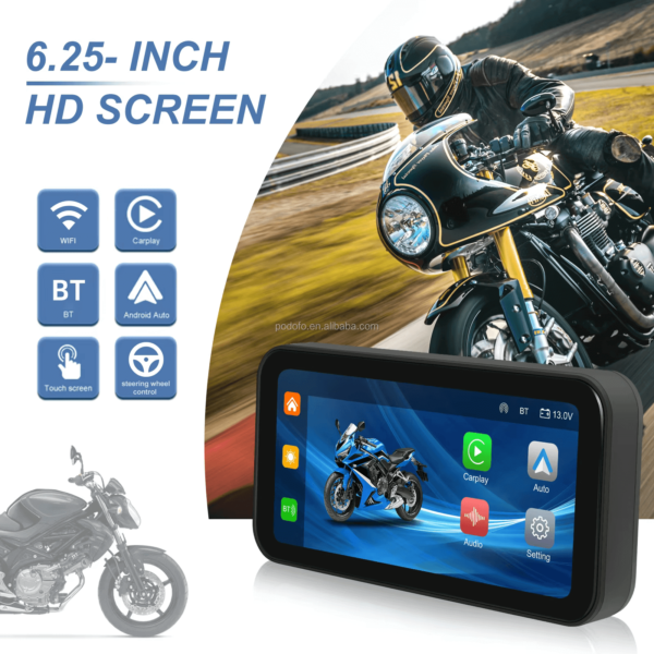 6.25" Portable Wireless Motorcycle DVR | CarPlay & Android Auto, GPS, Steering Wheel Control, IPS LCD Display, Dual Bluetooth Connectivity with Auto Brightness, IP67 - Image 3