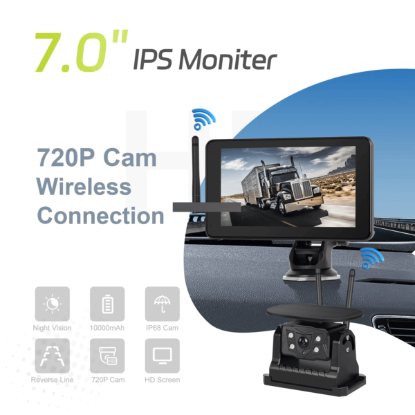 7" Digital Car Monitor with 2 Wireless Solar Reverse Cameras, BSD, IPS Screen, DVR, IP68 Waterproof, Up to 50M Range – For Truck & Bus - Image 32