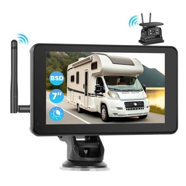 7" IPS Wireless Solar Reverse Camera with Touchscreen Monitor | 720P Night Vision, DVR, BSD, IP68 Waterproof, 50m Range – For Truck, Trailer, RV & Bus