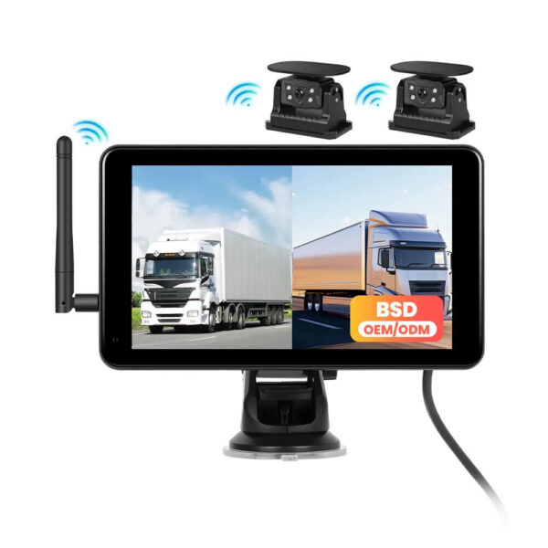 7" Digital Car Monitor with 2 Wireless Solar Reverse Cameras, BSD, IPS Screen, DVR, IP68 Waterproof, Up to 50M Range – For Truck & Bus