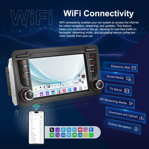 7-Inch 2-Din CarPlay(iOS)/Android Auto Infotainment System for Audi A3/S3/RS3 (2003–2012) with GPS, WiFi, Touchscreen, and Reversing Camera Support - Image 15
