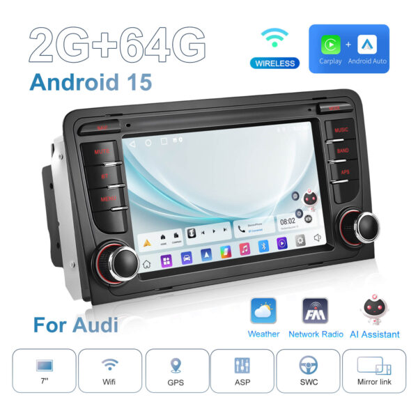 7-Inch 2-Din CarPlay(iOS)/Android Auto Infotainment System for Audi A3/S3/RS3 (2003–2012) with GPS, WiFi, Touchscreen, and Reversing Camera Support - Image 5